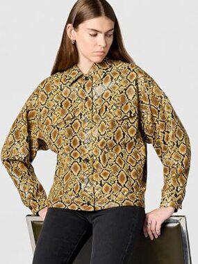 NWOT Good American Snake Print Faux Leather Trucker Jacket Yellow Oversized Sz S